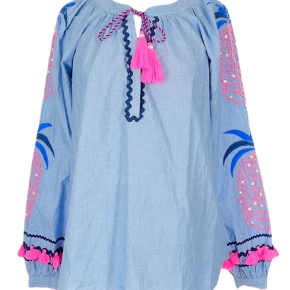 Lilly Pulitzer Embroidered Chambray Blue & Hot Pink Boho Blouse w Tassel Ties